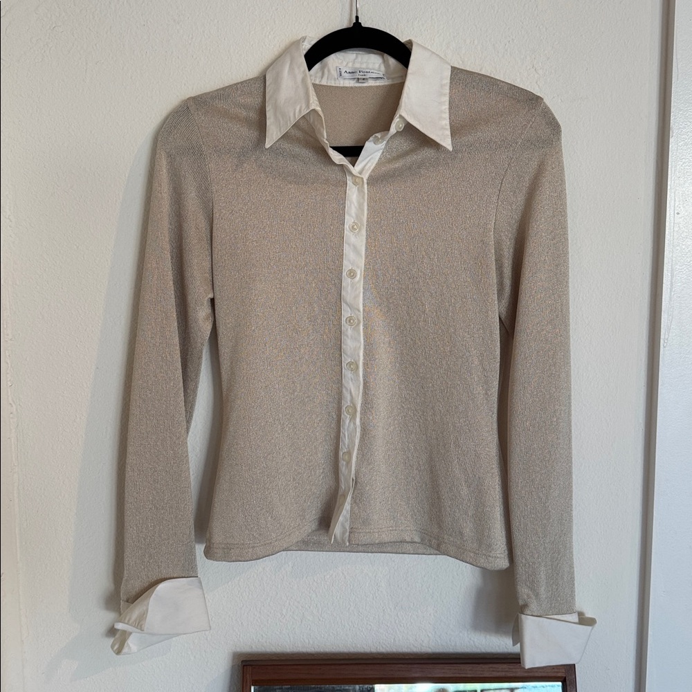 Anne Fontaine Beige Button-Up Blouse with White Collar and Cuffs size 2